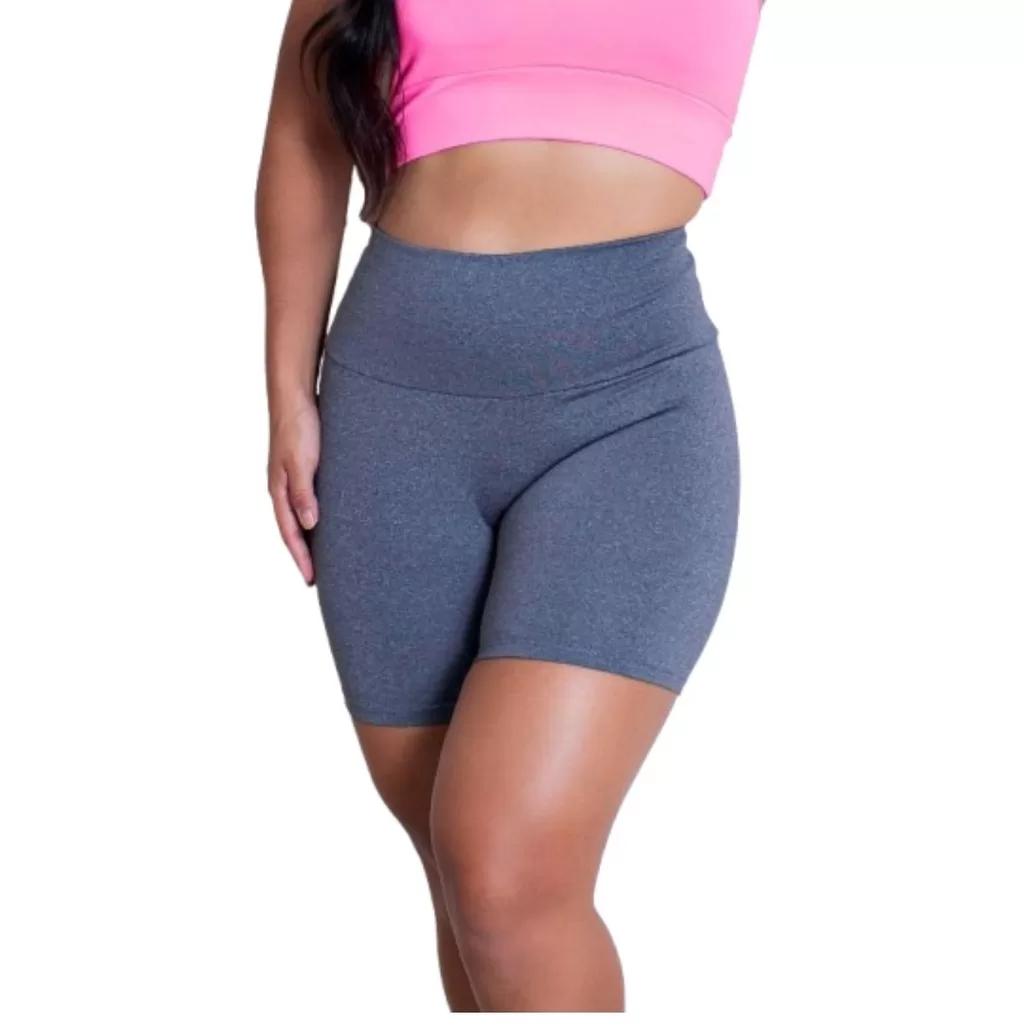 Short de Academia Fitness Cinza Mescla Básico Cintura Alta Suplex