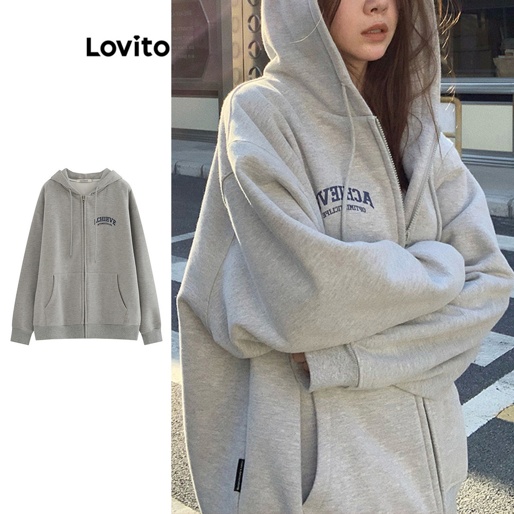 Lovito Moletom Casual Com Estampa De Letras E Bolso Com Zíper Para Mulheres LNA40011