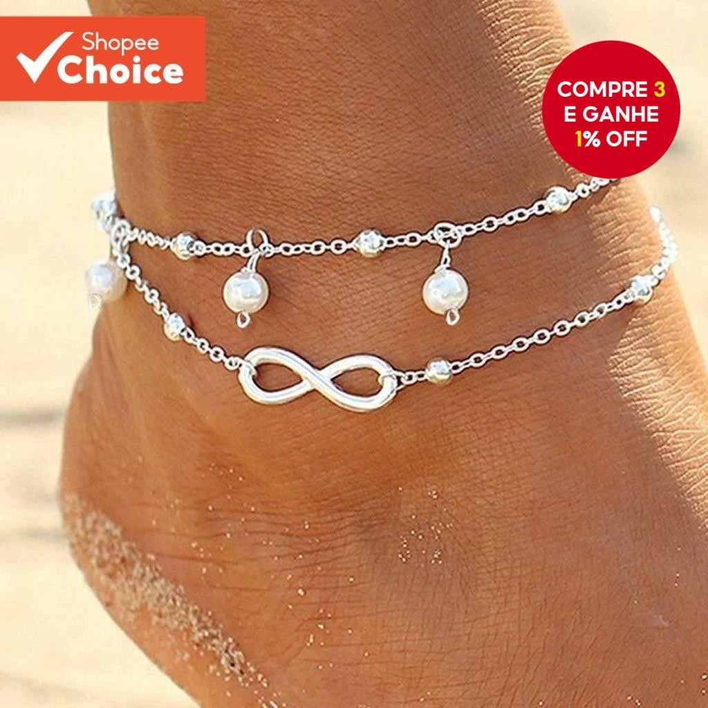 Moda Dupla Camada Pérola 8 Figura Tornozeleira Artesanal Frisado Pulseira Versátil Chique Jóias