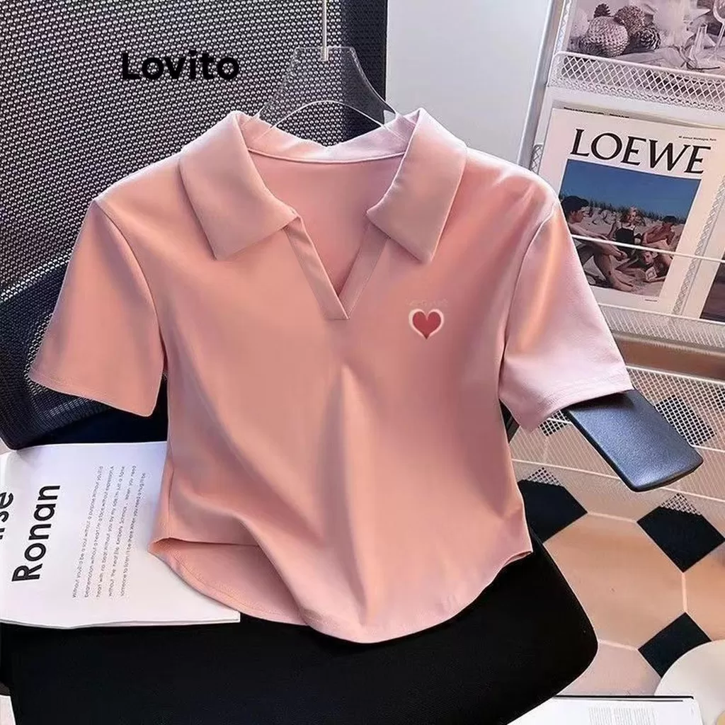 Lovito Camiseta casual com bordado liso para mulheres LNE59004