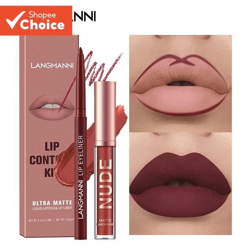 LANGMANNI Lip Liner Gloss Duo Aplicação Suave Contorno Labial De Longa Duração À Prova De Manchas