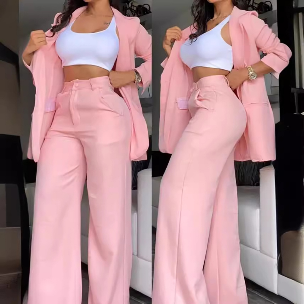 Conjunto De Fatos De Trabalho De 2 Peças Para Mulheres Cintura Alta Cor Sólida Escritório Casual De