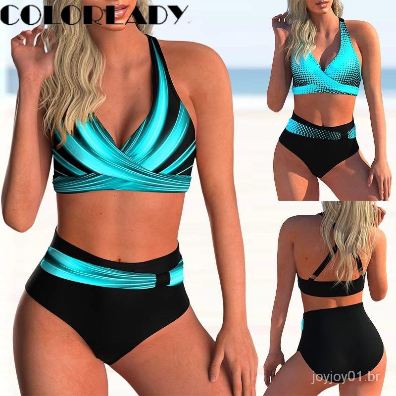 Conjunto de Biquíni Feminino Sexy Push Up Cintura Alta Floral Halter Duas Peças Moda Praia Verão 202