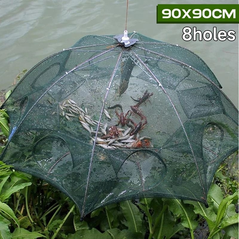 Armadilha Covo Peixe Isca Viva Lambaris Camarões 90x90cm/ peixes com 8 entradas Rede Retrátil