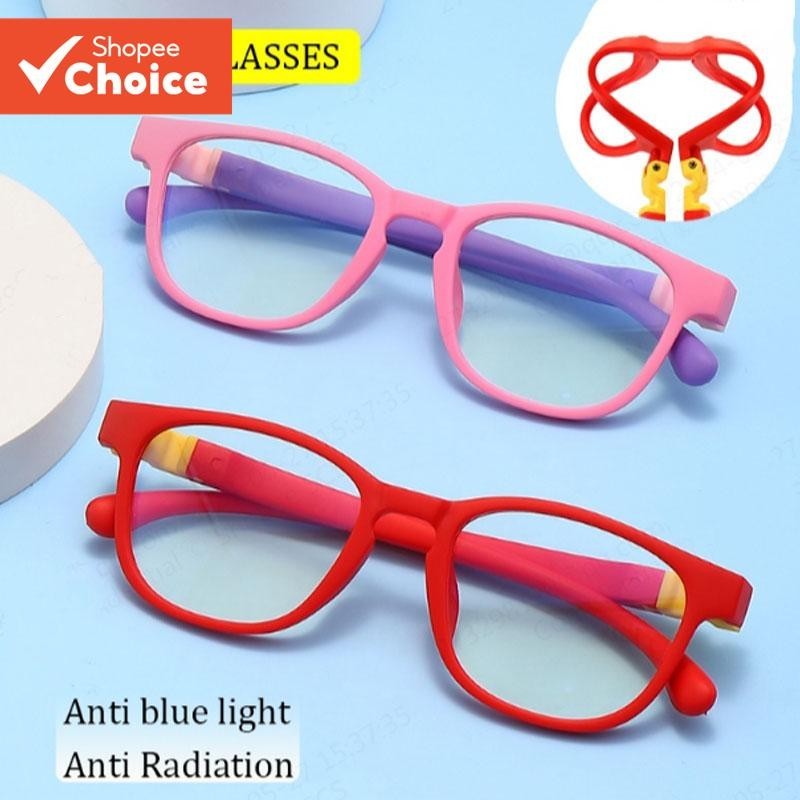 Óculos de armação de silicone para crianças com lentes anti-luz azul e removíveis.
