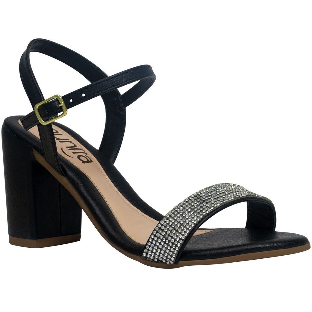 Sandália Feminina Salto Bloco Strass Confortável Tendência Moda