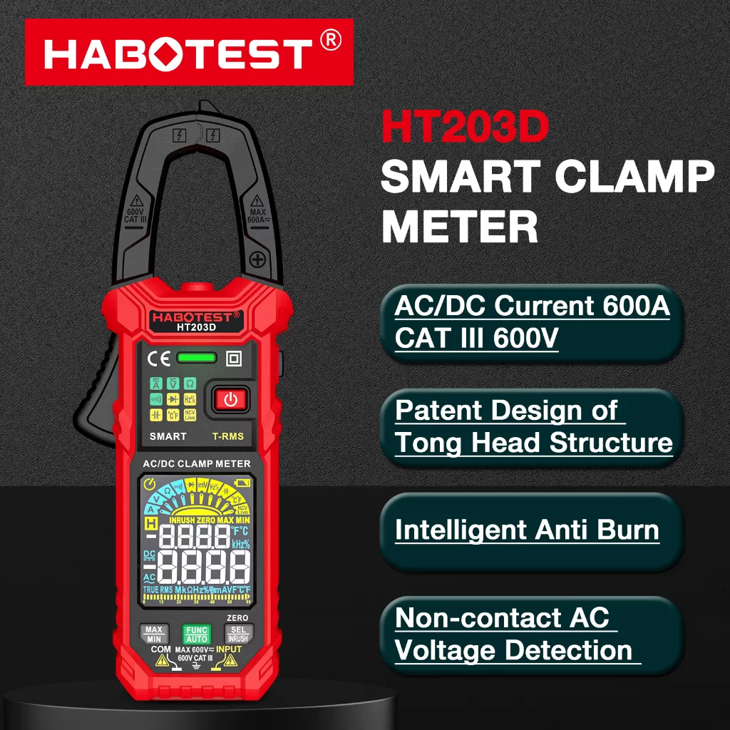 HABOTEST HT203D amperímetro digital 600V/600A AC/DC Multímetro Digital Braçadeira Medidor de corrent