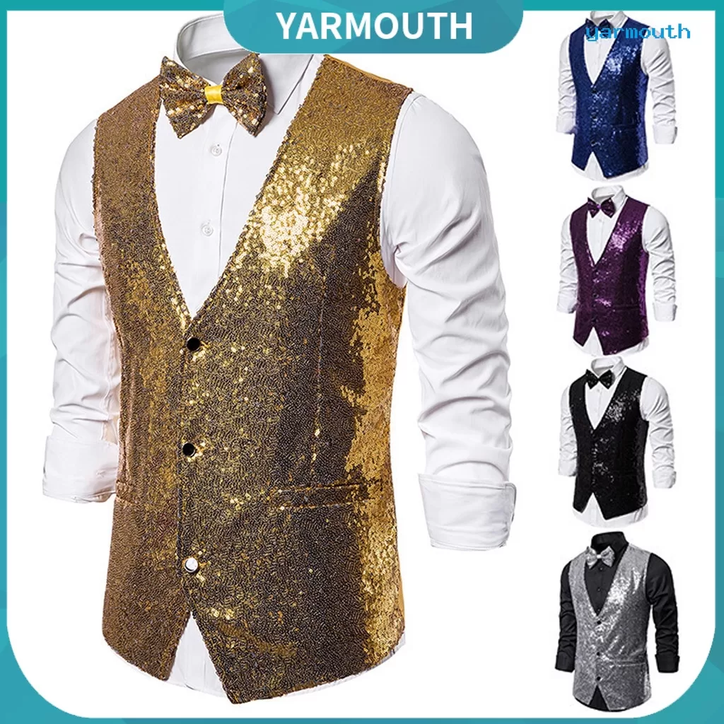 [yarmouth1 .] Colete Masculino Arco Conjunto Brilhante Lantejoulas Sem Mangas SLim Fit Cardiagn Únic