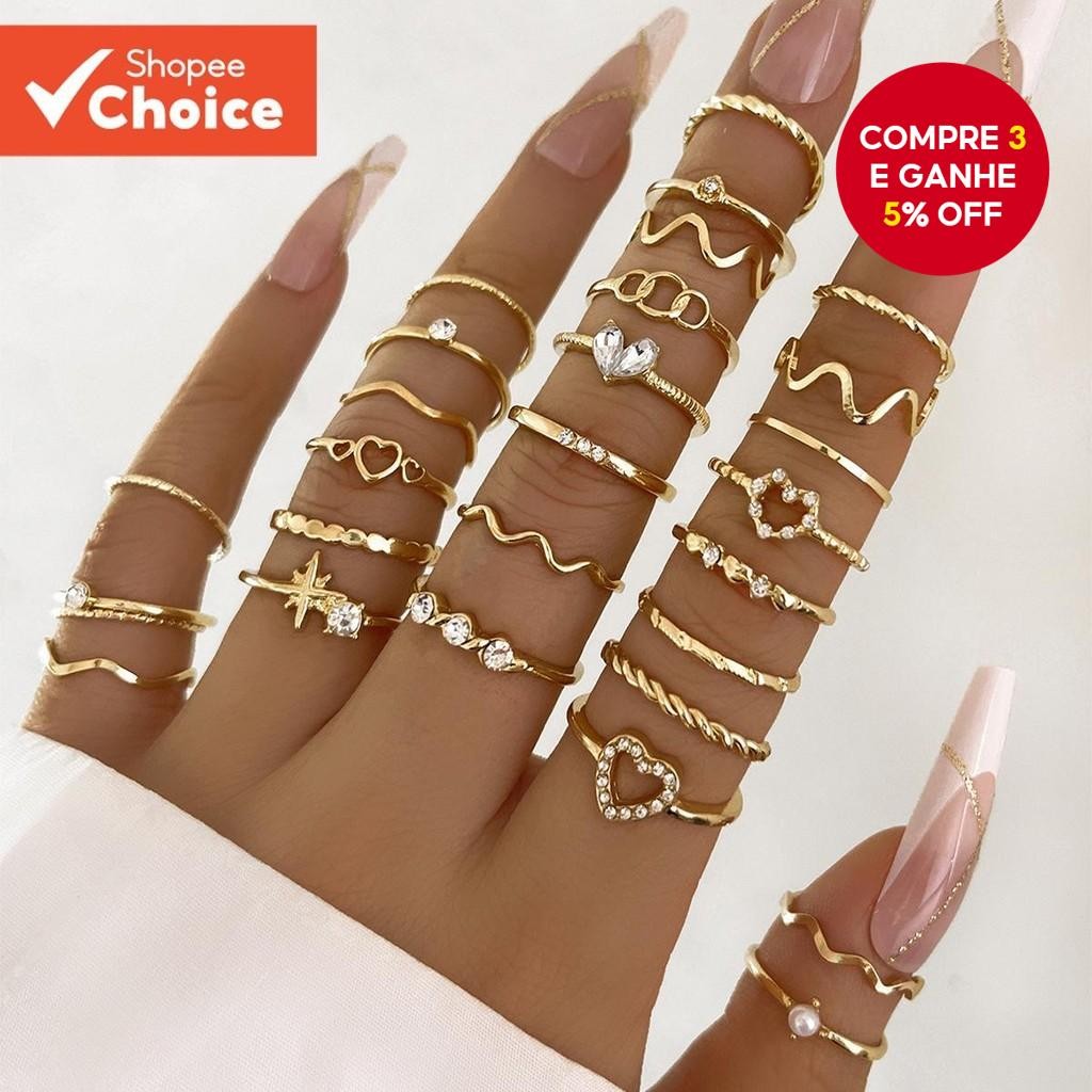 Conjunto De Anel Ondulado De Coração , 28 Peças , Para Mulheres , Cristal Geométrico , Strass , Joia