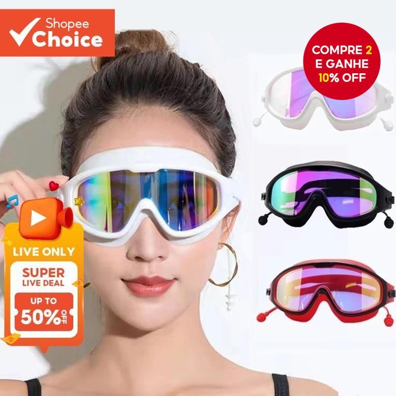 Óculos De Natação De Armação Grande Design De Moda , HD À Prova Dágua Com Tampões De Ouvido Multicol