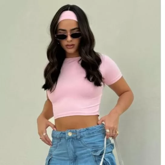 CROPPED + FAIXA DE CABELO POLIAMIDA MANGA CURTA CO