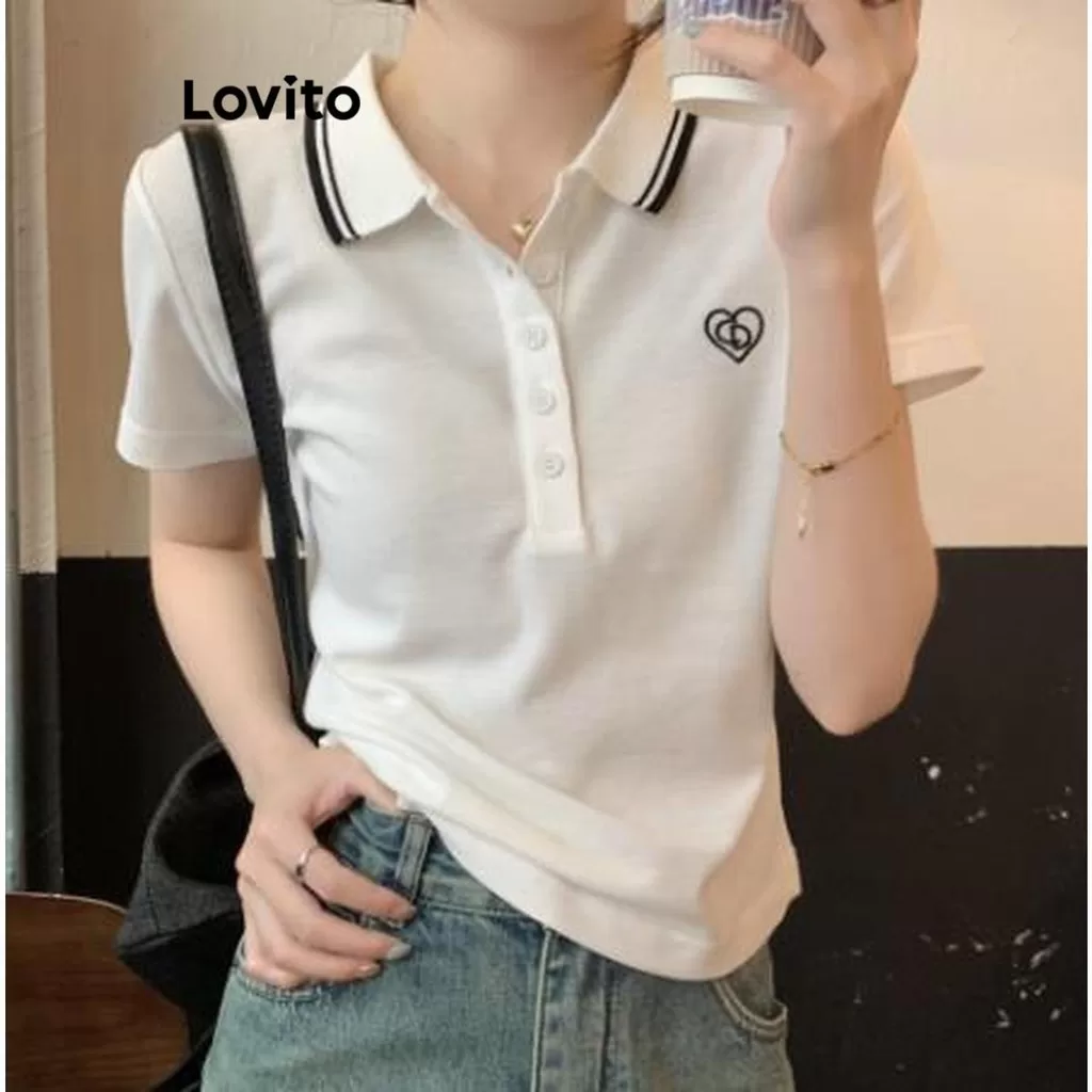 Lovito Casual Camiseta Feminina Lisa com Botão Bordado Acabamento Contrastante LNE42066