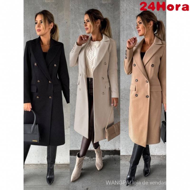 Casaco feminino de lapela de manga comprida de cor sólida com trespassado fino