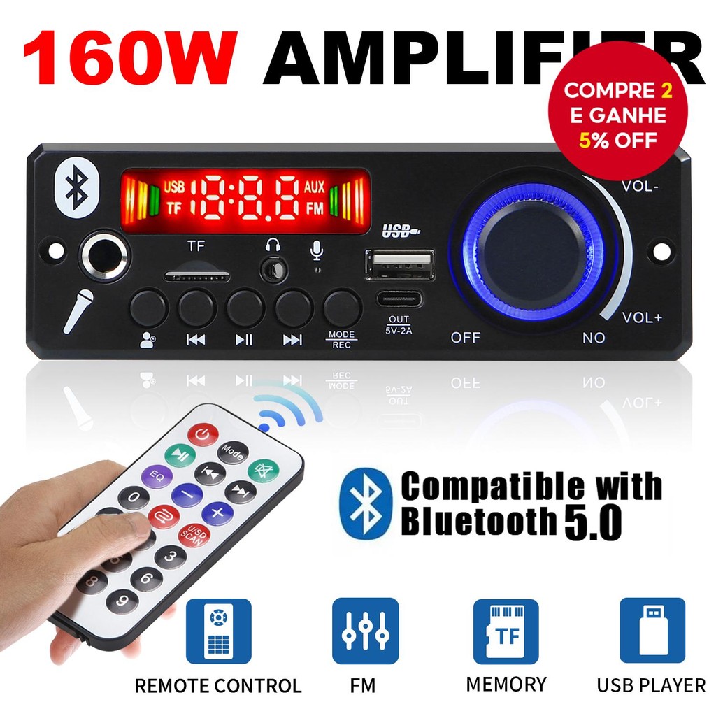 Amplificador 160W Bluetooth 5.0 DIY Placa MP3 Leitor De Áudio 12V Módulo De Rádio FM TF USB Mic Reco