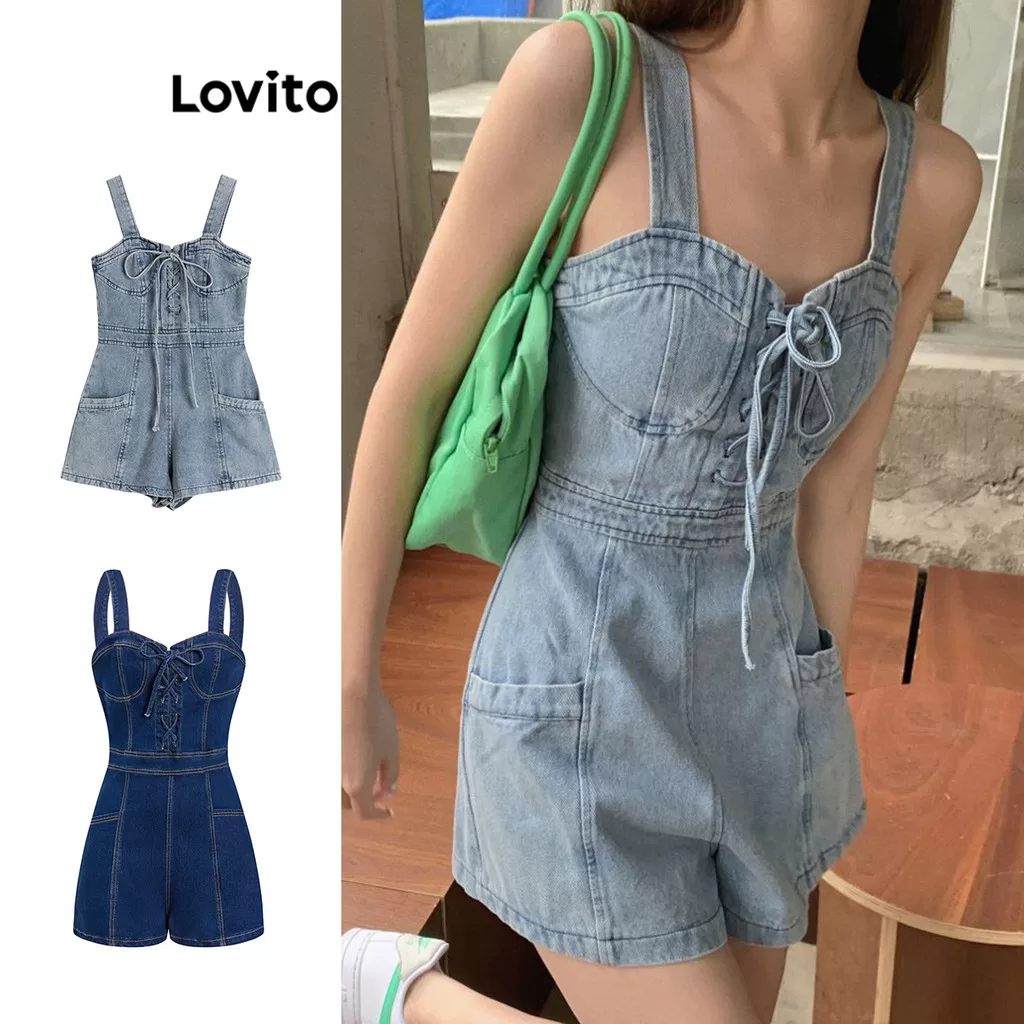 Lovito lace-up macacão jeans casual e macacão feminino com zíper frontal bolso com zíper traseiro LN