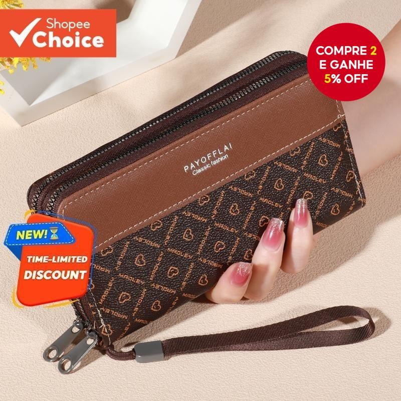 Carteira Feminina Retrô De Couro Com Zíper Duplo Bolsa De Negócios Porta Cartões De Crédito Embreage