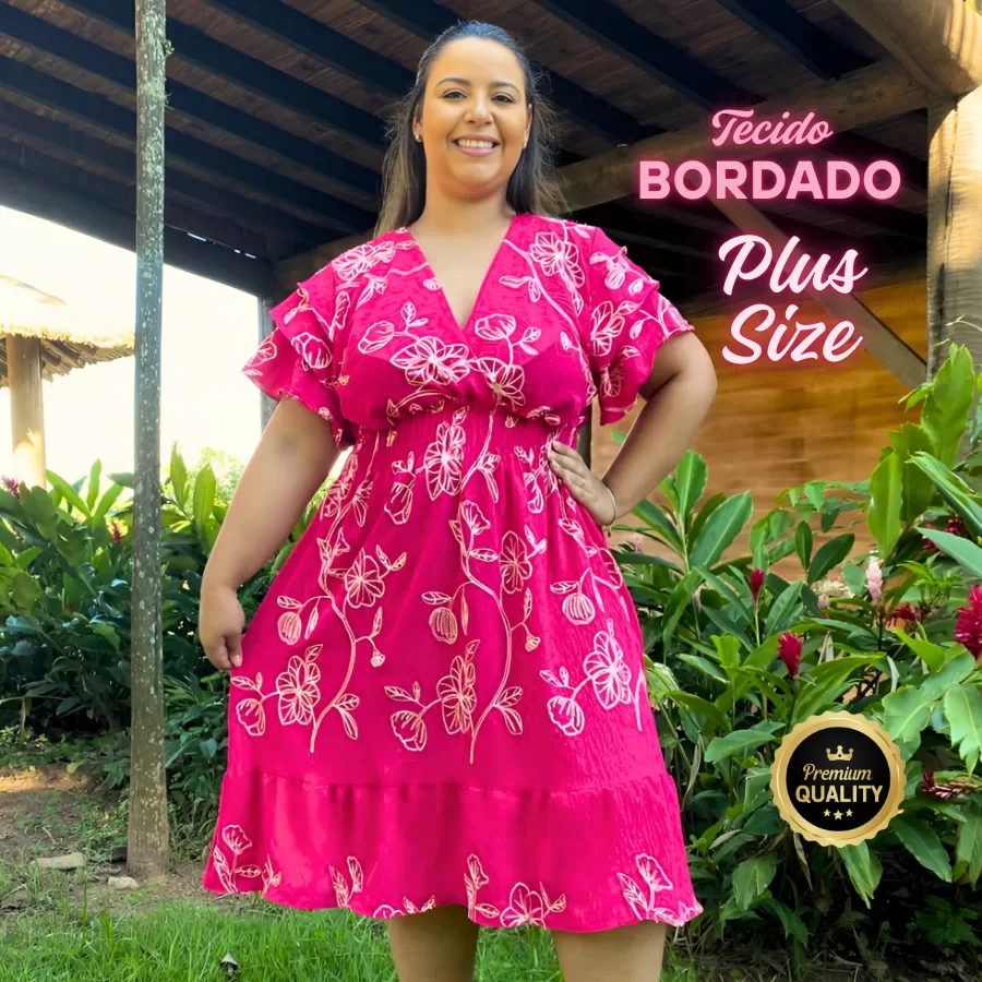 Vestido Plus Size Curto Midi Feminino Festa Bordado Floral