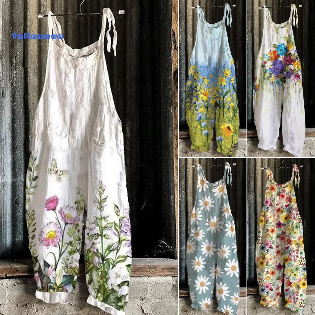 Macacão Feminino FUW Com Estampa Floral , Perna Larga , Temperamento Vintage , Solto Para