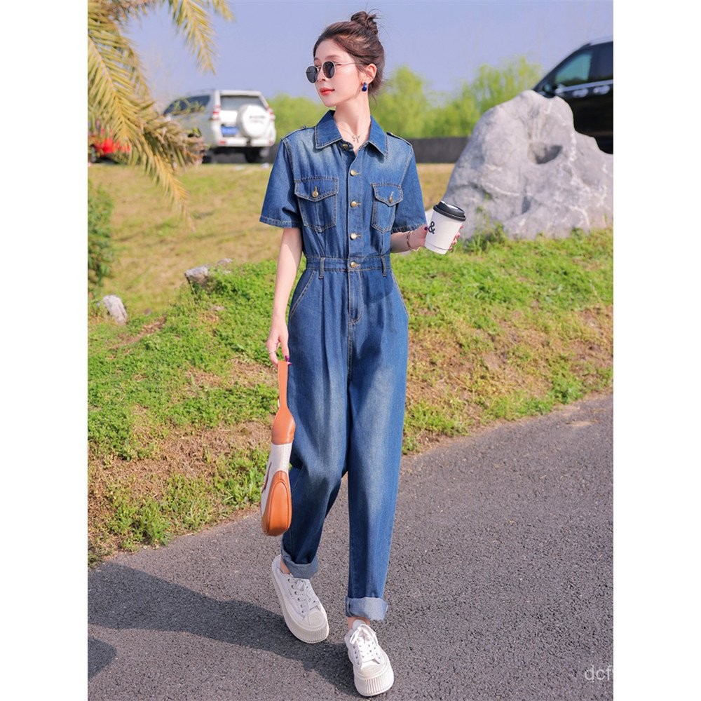 Workwear Denim Jumpsuit for Women European Style2024Summer New High-End Elegant High-Waist Slimming