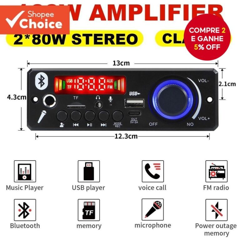 Amplificador 160W Bluetooth 5.0 Placa MP3 Player D