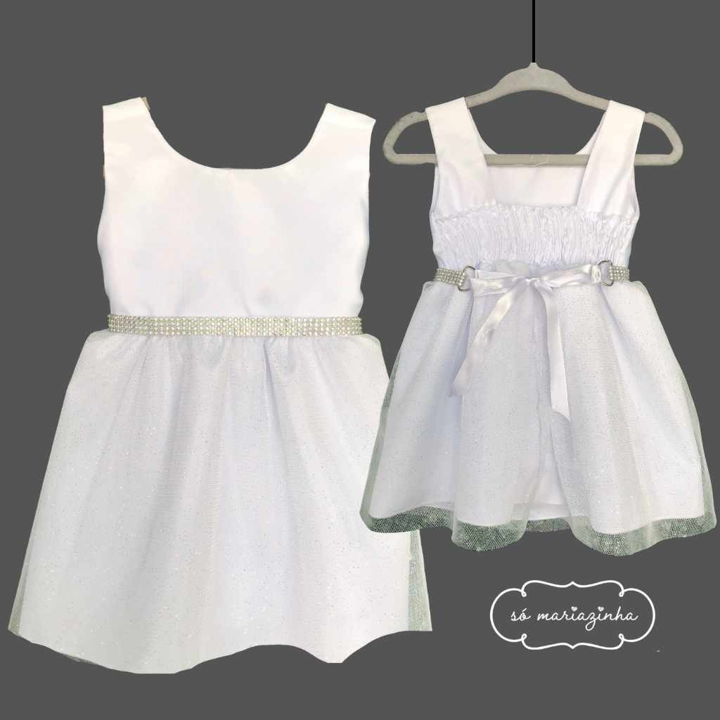 Vestido COM CINTO STRASS PRATA  P a G Infantil Branco Brilho Rescem nascidos RN REF4211
