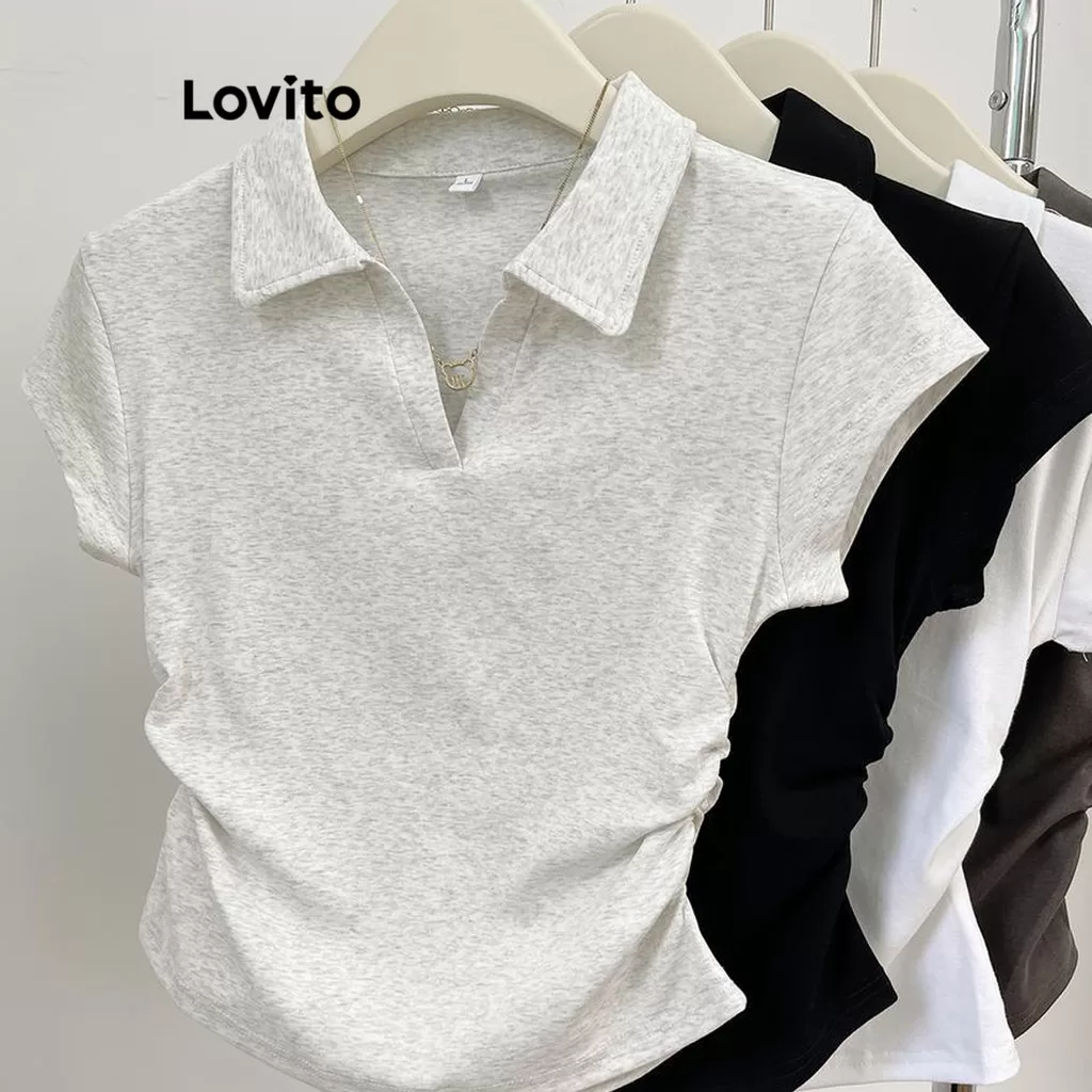 Lovito Camiseta Casual Lisa Franzida Para Mulheres LNE62535