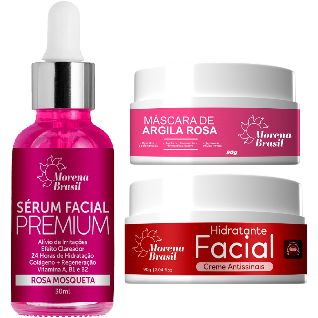 Kit Facial Completo  Argila Rosa   +  Sérum Rosa  Mosqueta + Creme Anti Sinais