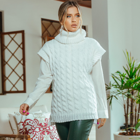 Max Colete Branco Feminino Tricô Trança Gola Alt