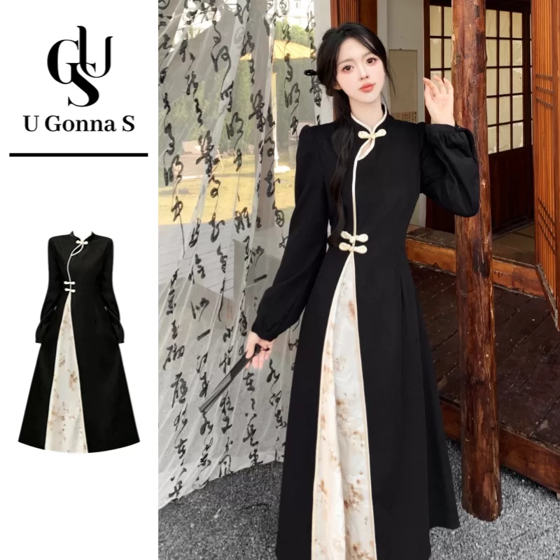 U Gonna S Vestido Longo Feminino Cheongsam 2024 Manga Comprida Evasê Roupas Tradicionais Elegantes P