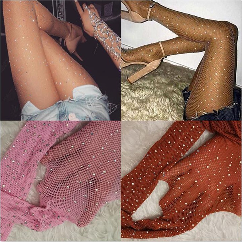 Meias De Malha Arrastão Femininas Verão Cristal Strass Meia-Calça Oca Elásticas Coxa Altas Menina Lo