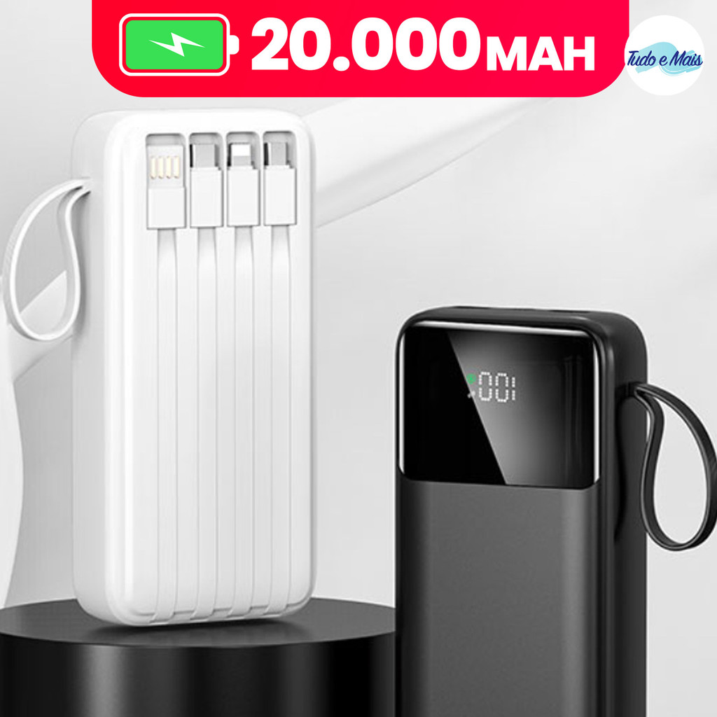 Power Bank 20000mAh: Ultra-Rápido, Carregador Portátil, Visor Digital e 4 Portas USB