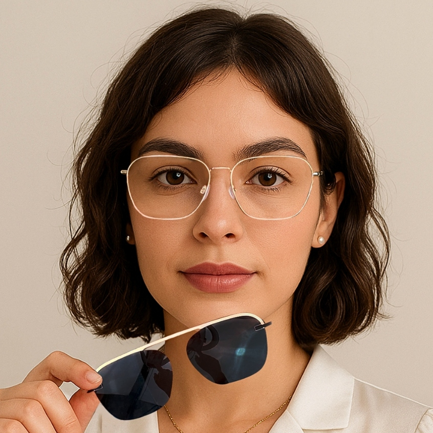 Óculos 2 em 1 Feminino Armação Metal Lente Clip On Polarizado Design Moderno