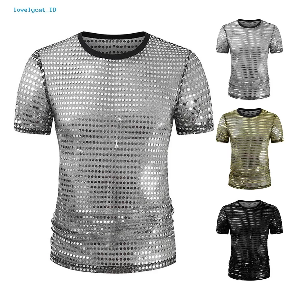 Camiseta Masculina Com Lantejoulas LOM Sparkling Dot Jazz De Dança Moderna Redonda
