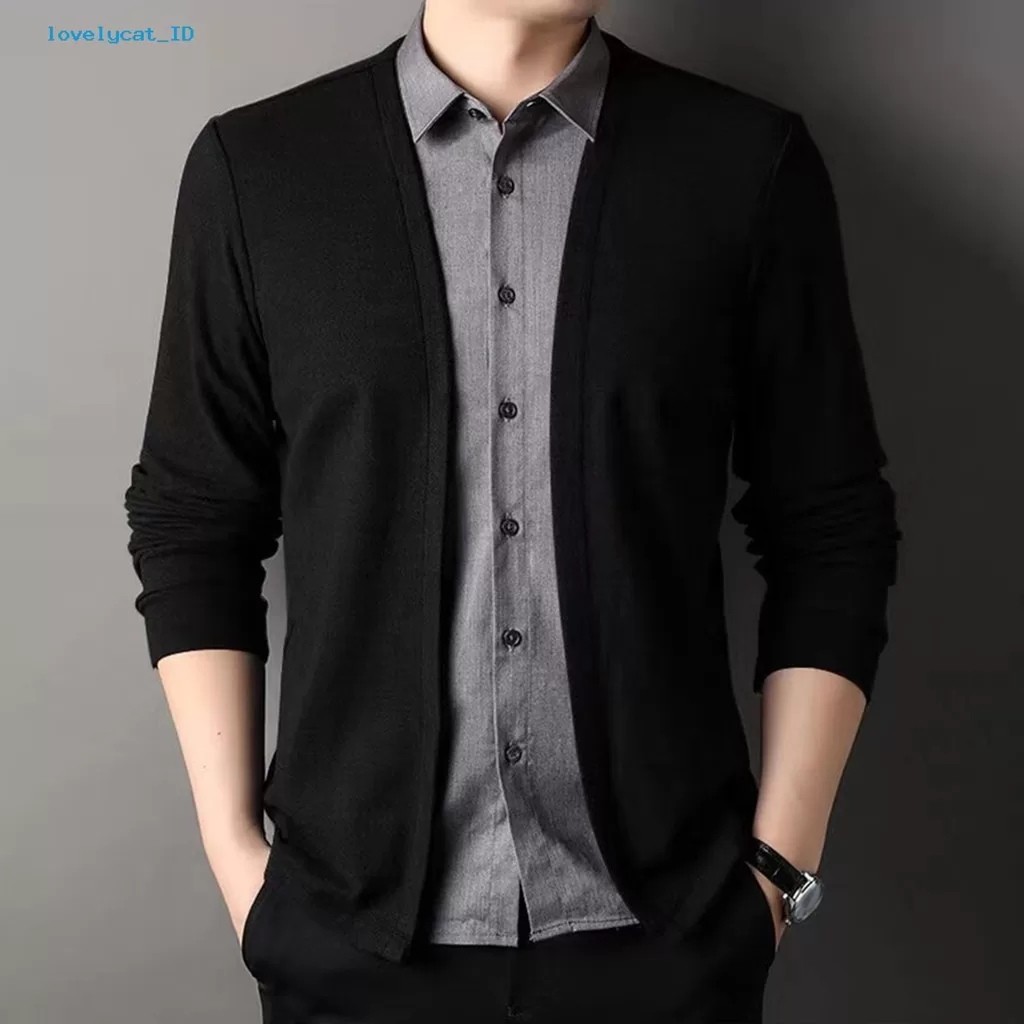 LOM-Men Primavera Outono Top Falso Camisa De Duas Peças E Cardigan Patchwork Tricotado