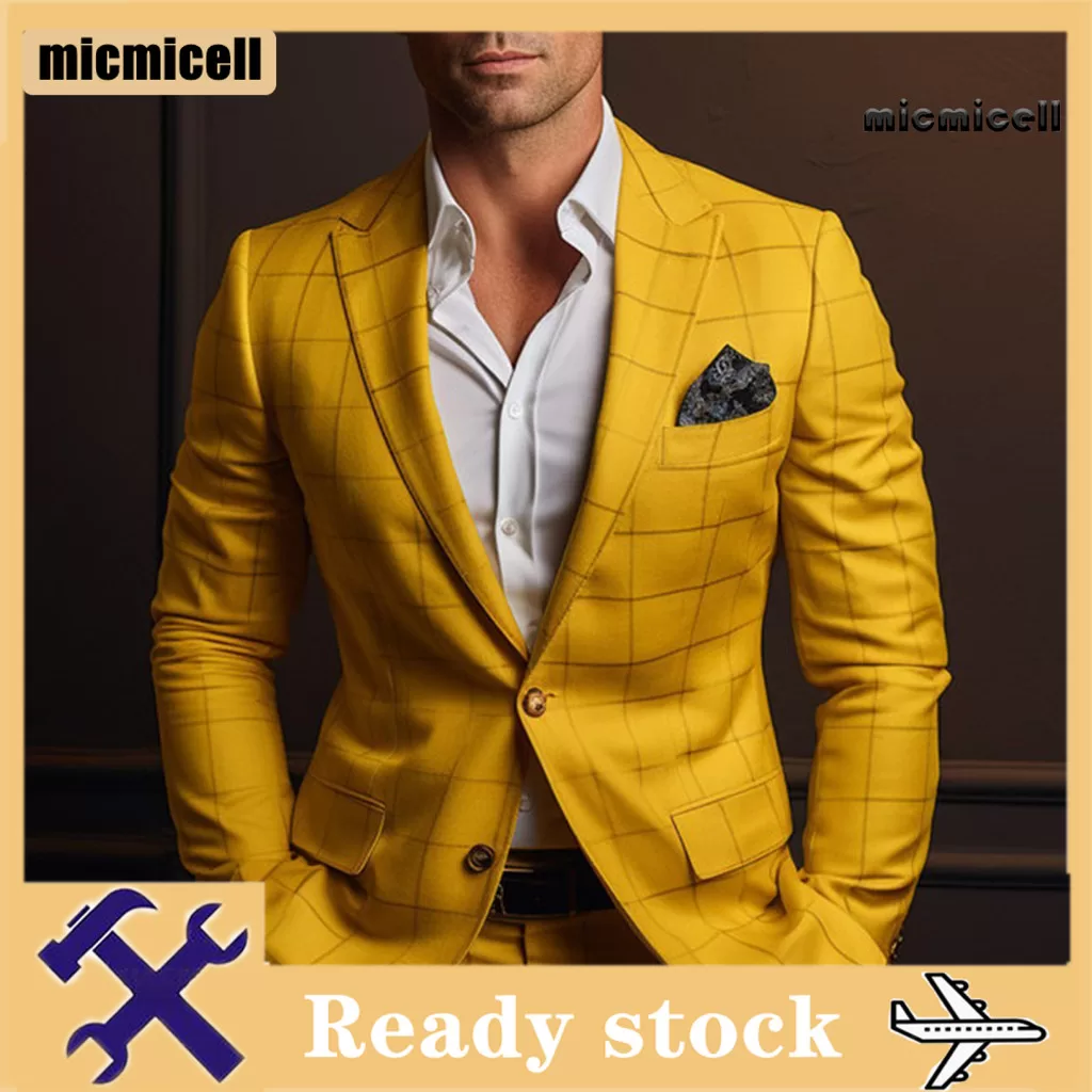 [micmicell .] Terno Masculino Casaco Formal Estilo De Negócios Fino Ajuste Xadrez Impressão Manga Lo