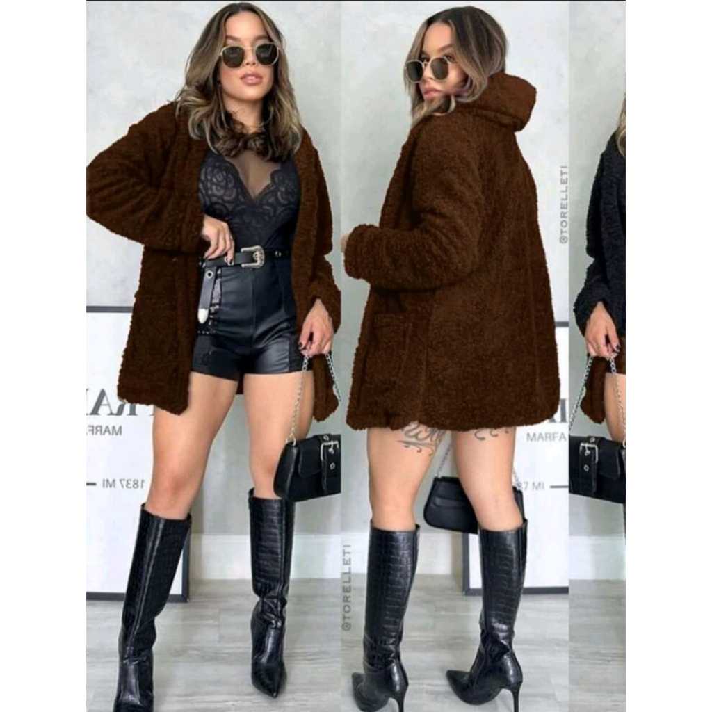 Casaco Teddy Femenina Com Capuz E Bolso Pra Inverno