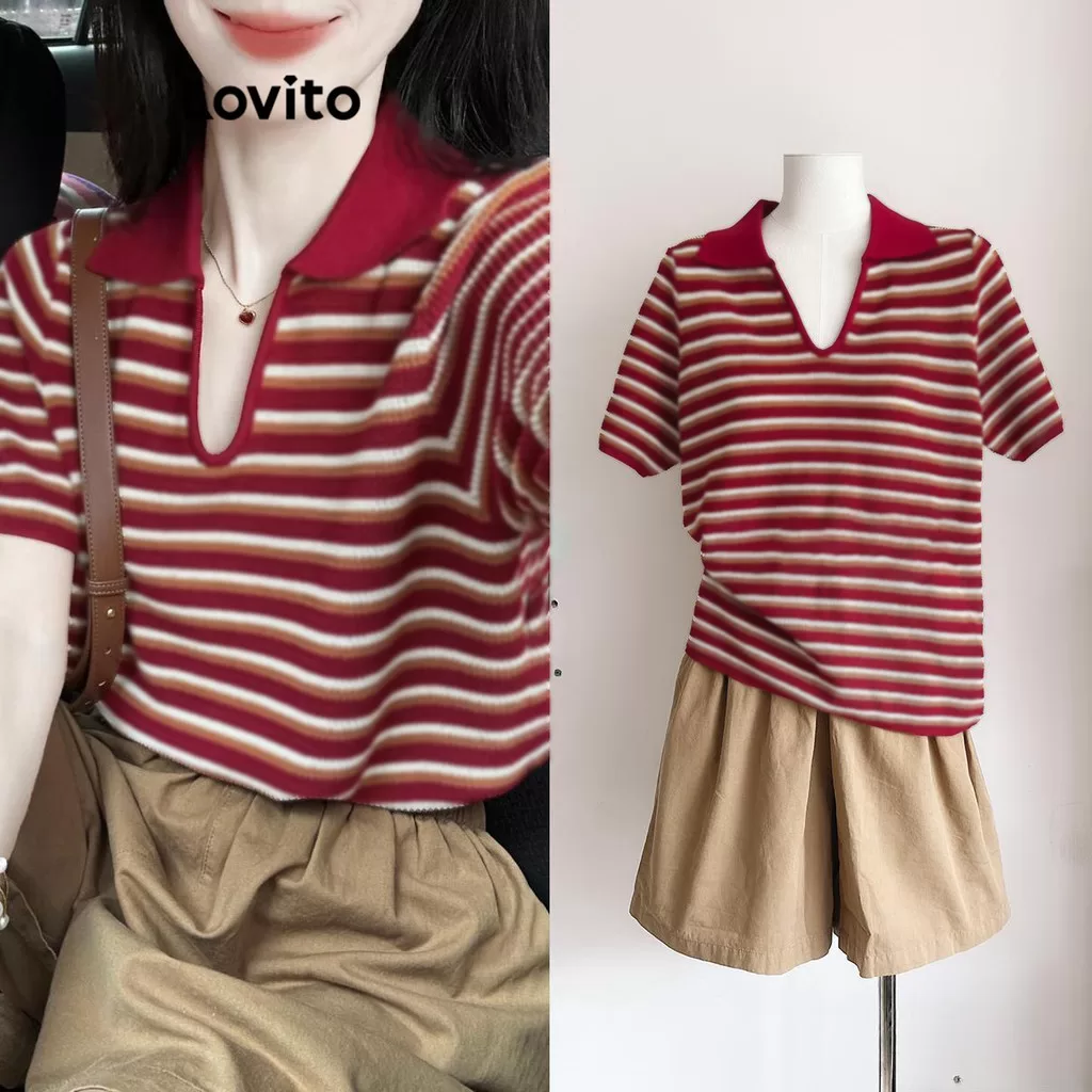 Lovito Camiseta Casual Listrada Em Blocos De Cores Para Mulheres LNE73834