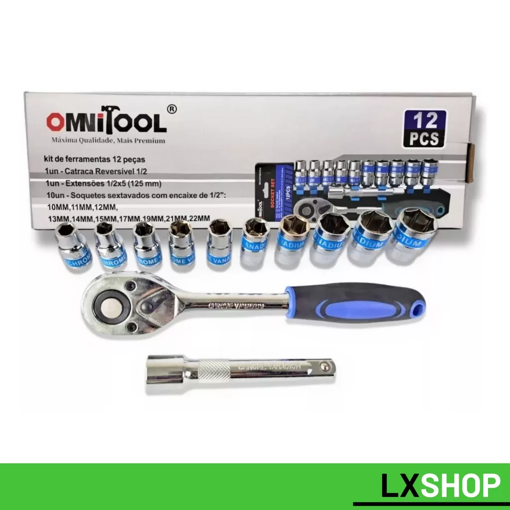 Jogo de Soquetes Sextavados 12 Peças com Catraca Reversível 1/2 – Ideal para Mecânicos