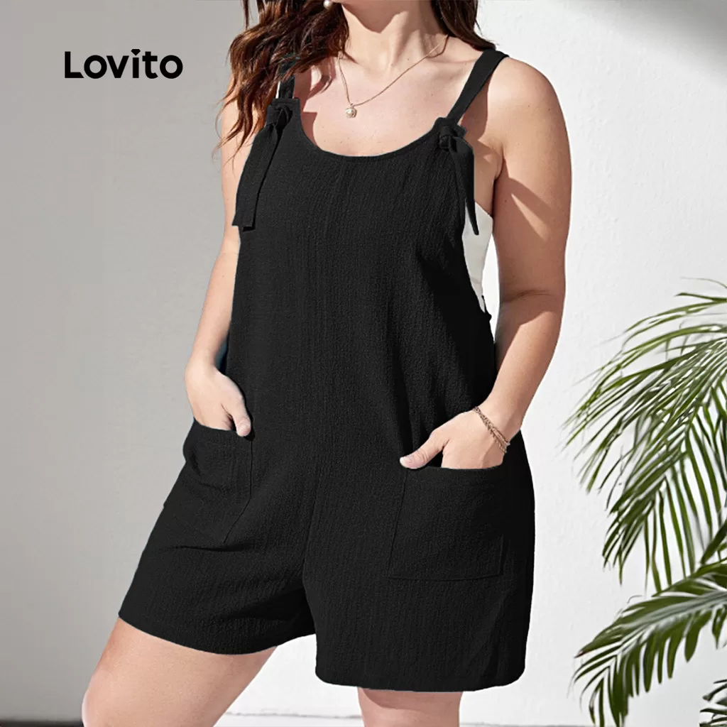 Lovito Macacão feminino Plus Size curva Casual liso com cadarço LNE99053