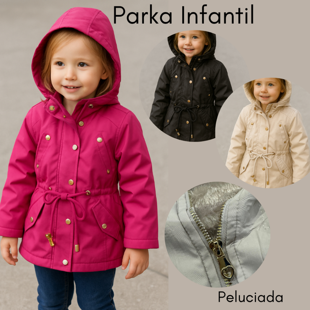 Parka Infantil 4 ao 16 detalhes dourado estilosa e peluciada novidade
