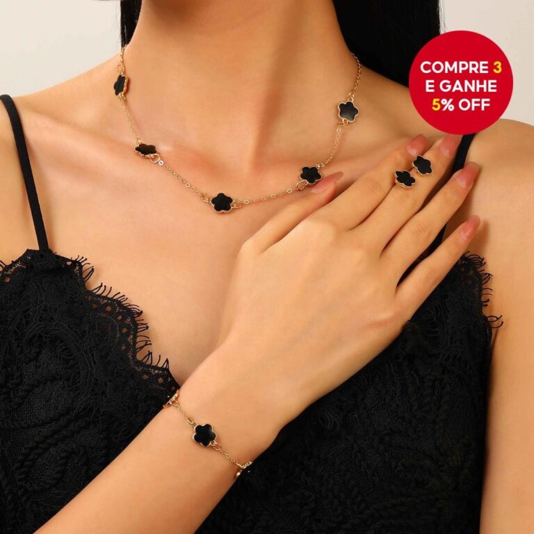 Lucky Cinco Folhas Trevo Pulseira Colar Brinco Con