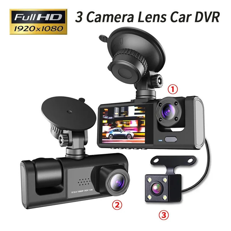 Novo Carro DVR HD 1080P 3 Lentes Dentro Do Veículo Traço Camtrês Vias Câmera DVRs Gravador Dashcam F