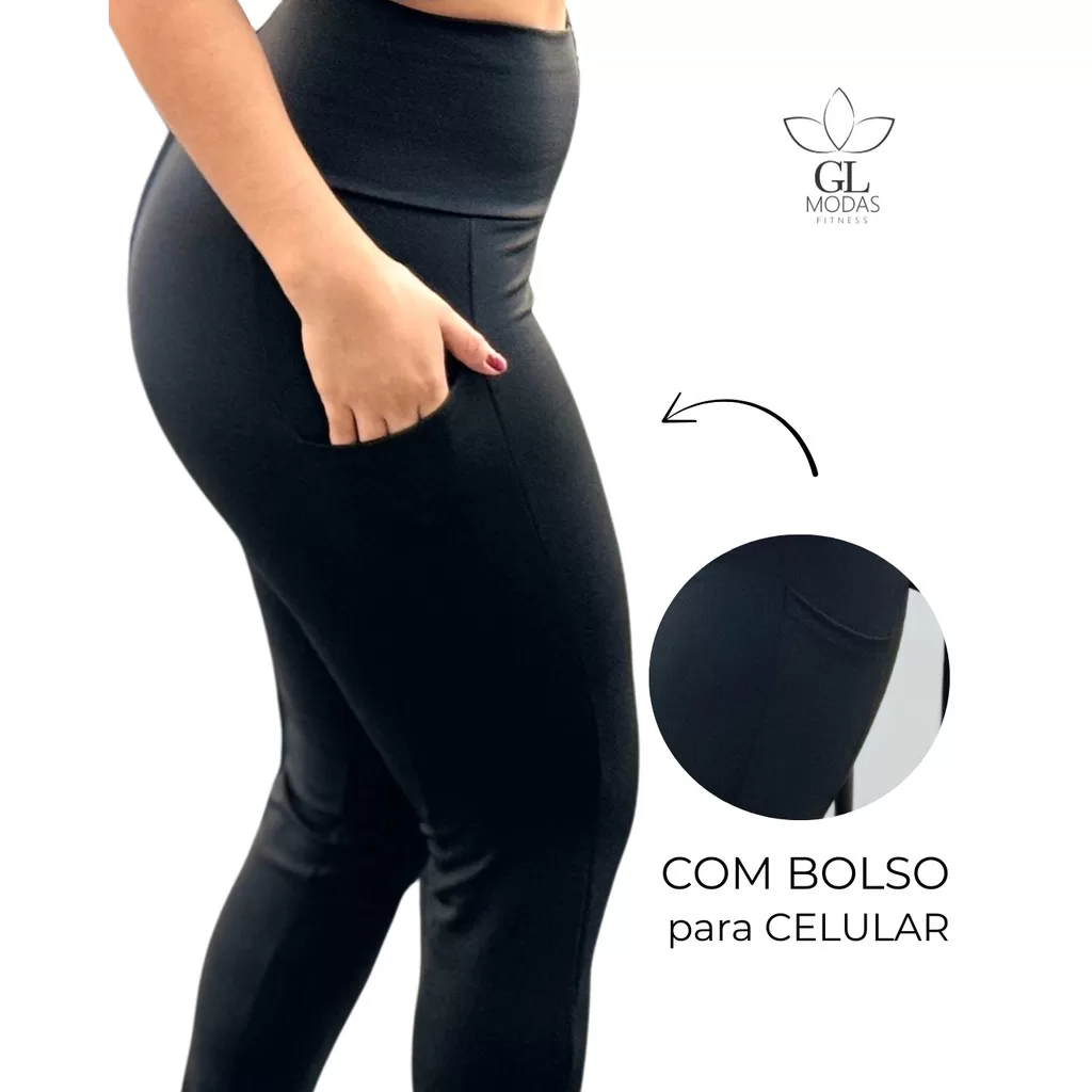 Calça Legging Feminina Cintura Alta Poliamida Moda Fitness Academia Com Bolso para Celular