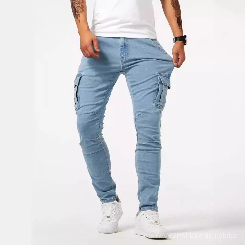 Calça Jeans Carga Masculina Bolso Lateral Skinny Jeans Skinny
