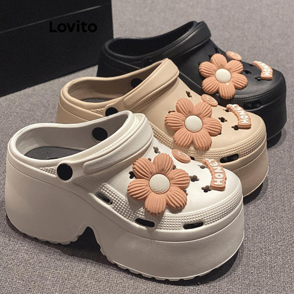 Lovito Casual Plain 9 cm Extra Grosso Macio Solado Daisy Show Pernas Mais Longas Sandália Plana para