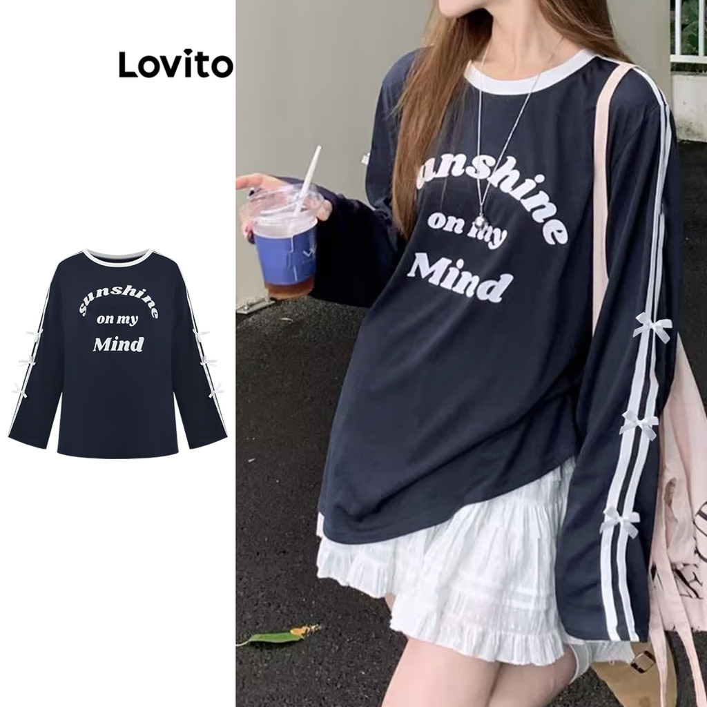 Lovito Casual Carta Contraste Vinculação Laço Moletom para Mulheres L106AD442