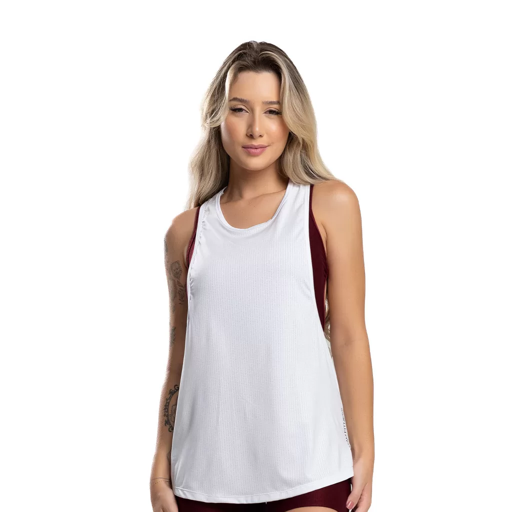 Regata Dry Fit Telinha Comprida Proteção UV Branca Massam Fitness Treino Academia