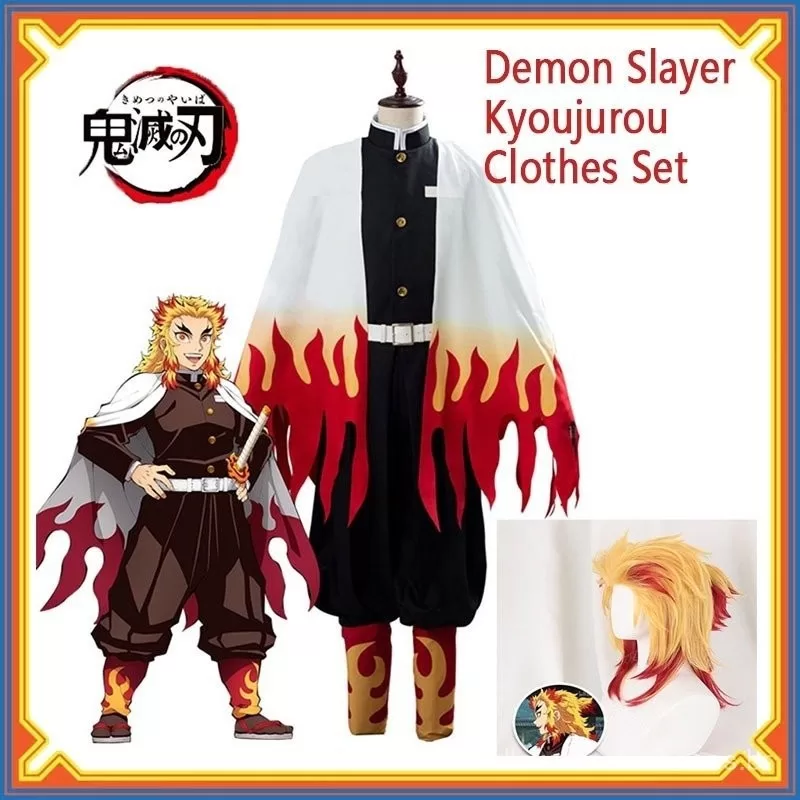 Demon Slayer Rengoku Kyoujurou Peruca Cosplay Anime Role Play Trajes Halloween Party Outfit.