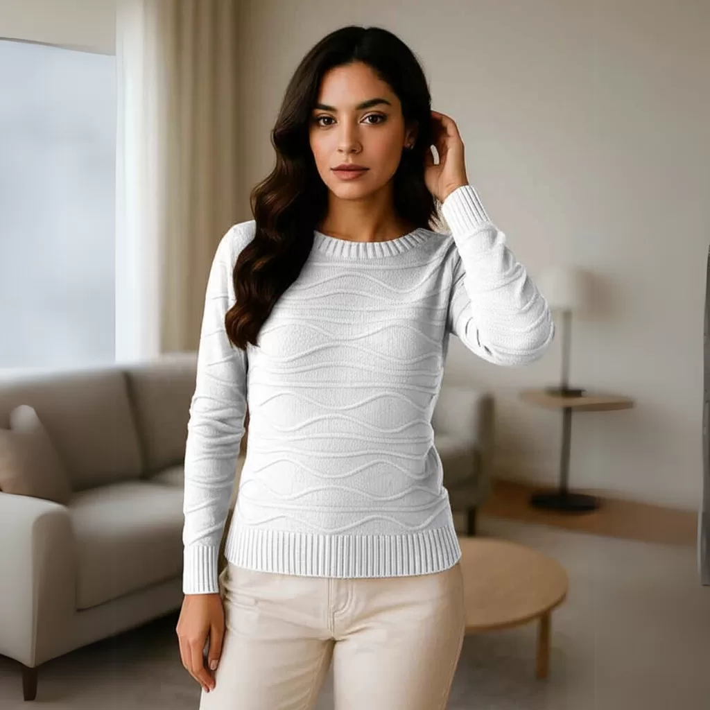 Blusa Tricot Feminina Textura Ondas Manga Longa Casual Moderna Meia Estação
