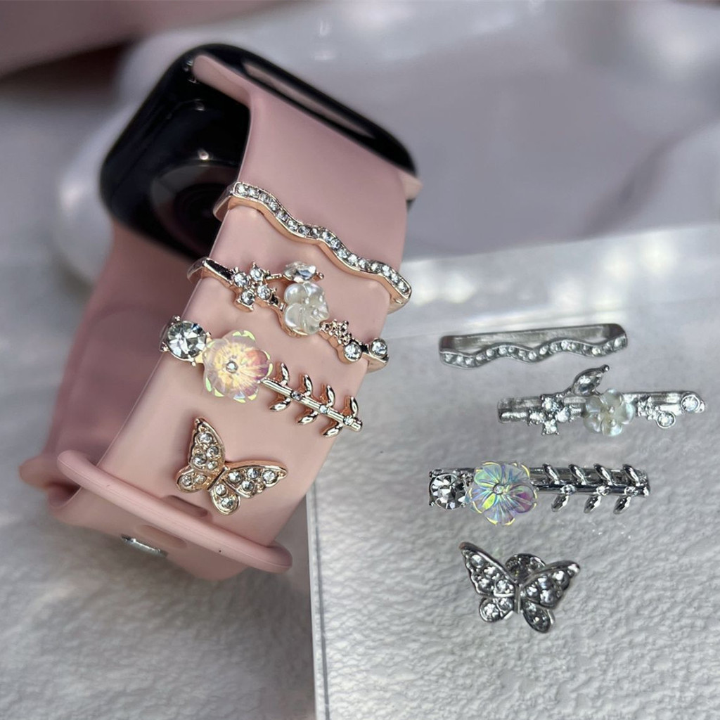 Pulseira De 4pcs Metal Encantadora Silicone Anel Decorativo Para Relógio A-pple Diamante Acessórios